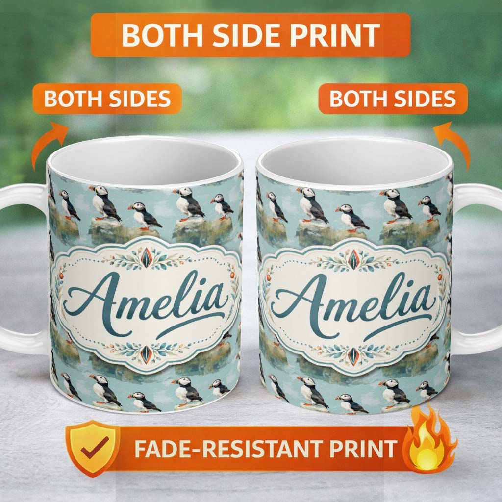 Personalized Custom Name Puffin Bird Pattern Coastal Wildlife Rock Scene Seamless Design 11oz Ceramic Coffee Tea Mug White Large Handle
