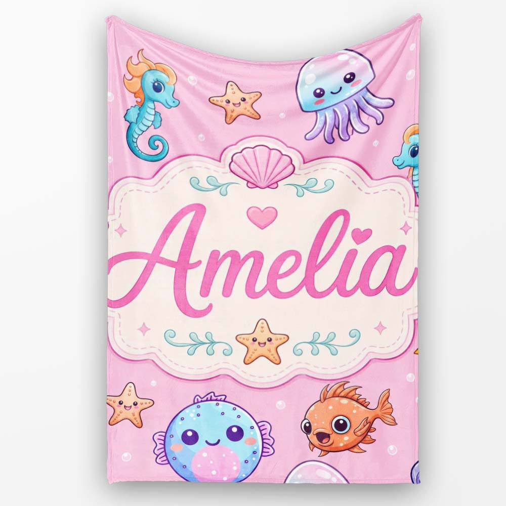 Cute Kawaii Mermaid Seahorse Jellyfish and Starfish Soft Pink Lovely Personalised Custom Name Super Soft Fleece Blanket Bed Sofa Throw