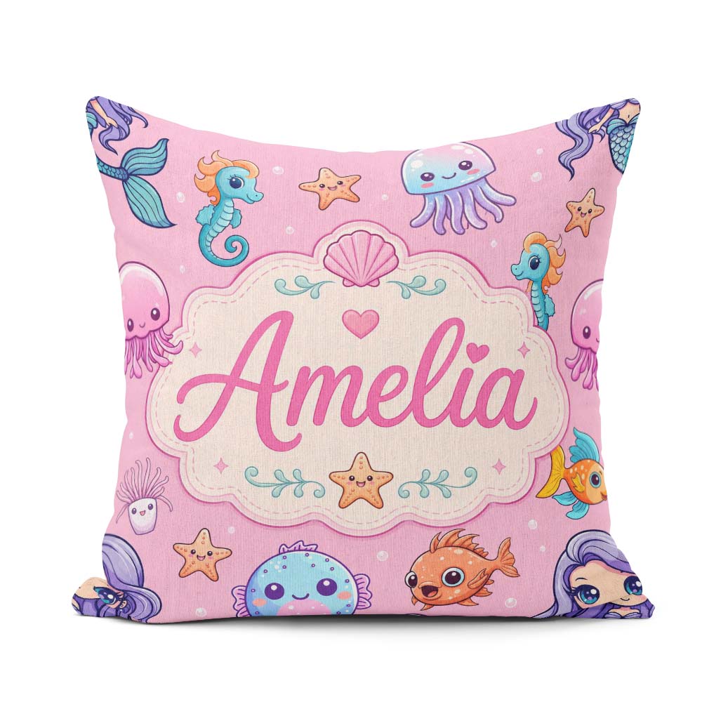 Custom Name Cute Kawaii Mermaid Seahorse Jellyfish and Soft Pink Square Filled Cushion Throw Pillow Sofa Bed Home Decor Zip Washable UK Made
