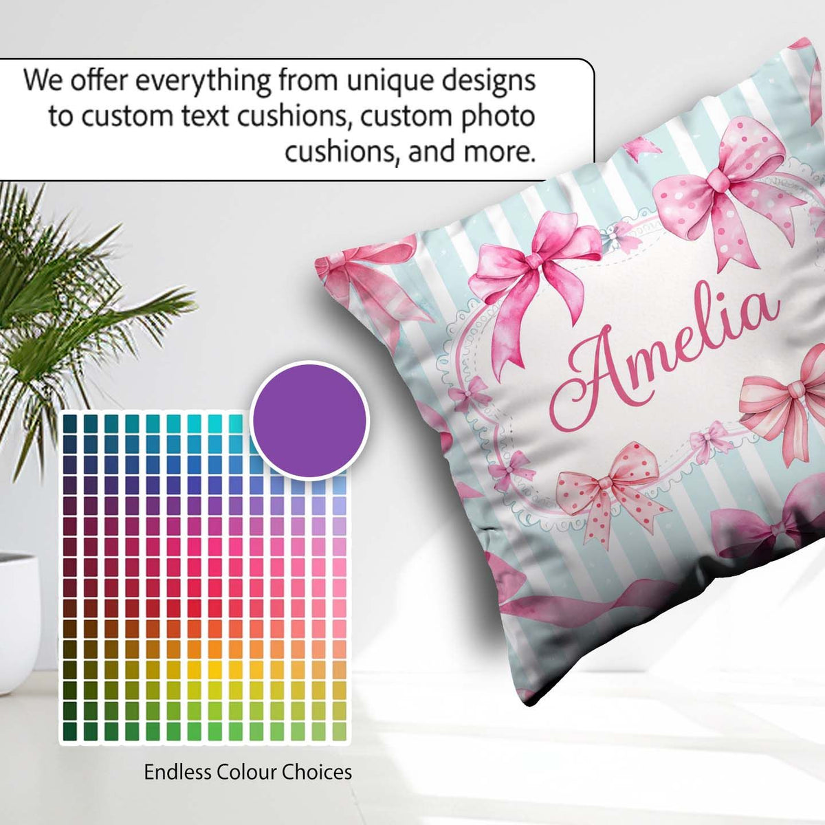 Custom Name Watercolor Pink Ribbon Bow Pattern with Soft Stripes Square Filled Cushion Throw Pillow Sofa Bed Home Decor Zip Washable UK Made
