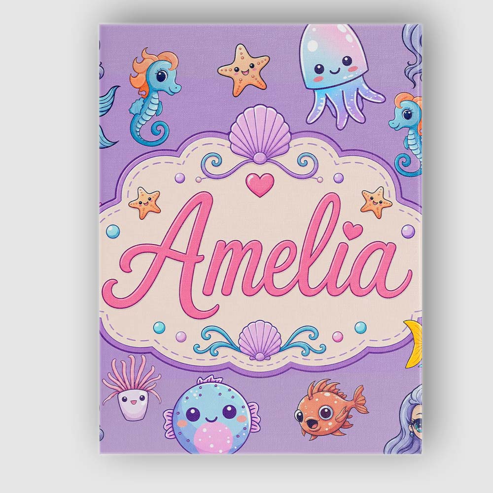 Personalised Name Cute Kawaii Mermaid Custom Modern Room Accent Creative Decorator Style Canvas Wall Art Print Decor Picture Ready to Hang