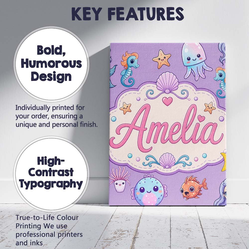 Personalised Name Cute Kawaii Mermaid Custom Modern Room Accent Creative Decorator Style Canvas Wall Art Print Decor Picture Ready to Hang