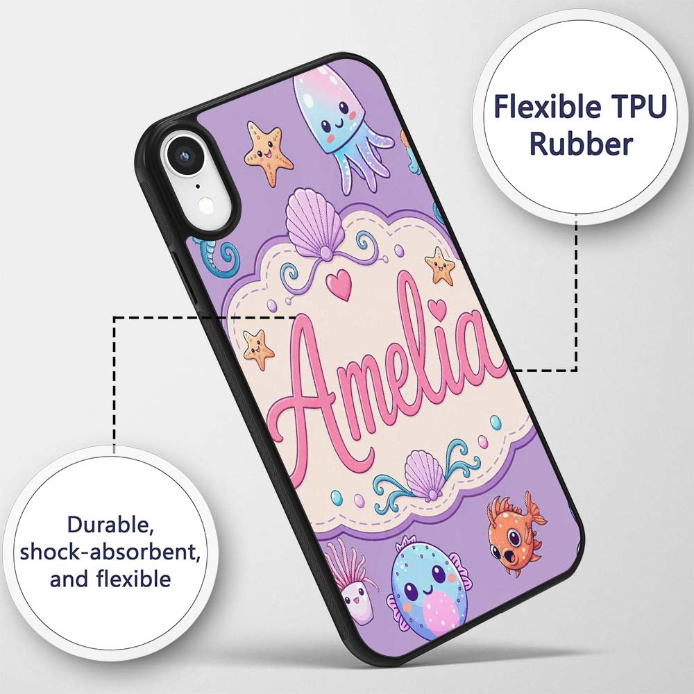 Cute Kawaii Mermaid Seahorse Decorative Design Custom Name Protective Phone Case Mobile Cover Durable Everyday Smartphone Shock Resistant