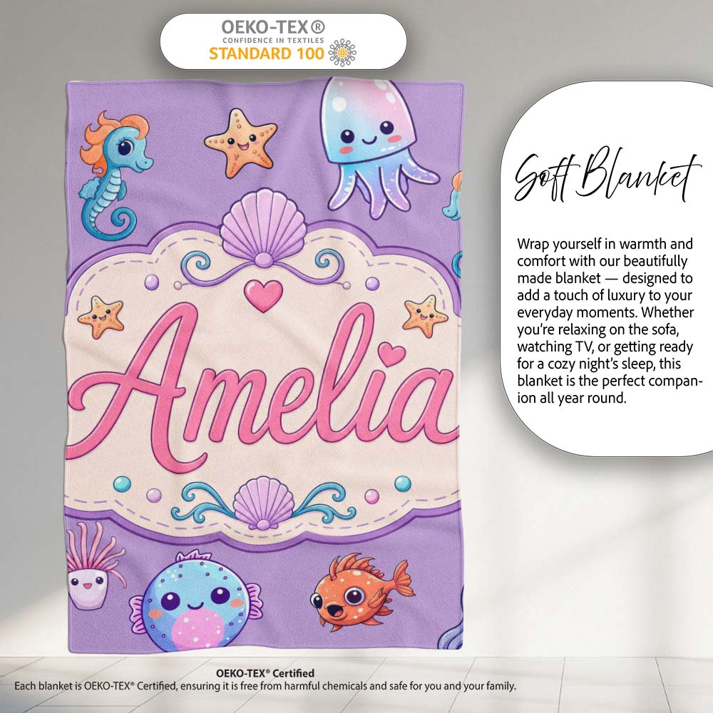 Cute Kawaii Mermaid Seahorse Jellyfish and Starfish Purple Lovely Personalised Custom Name Super Soft Fleece Blanket Bed Sofa Throw
