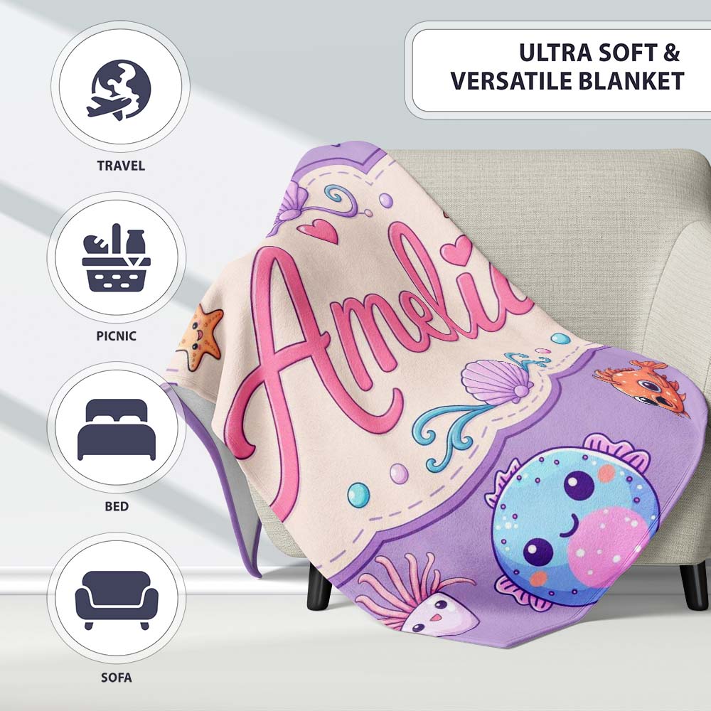 Cute Kawaii Mermaid Seahorse Jellyfish and Starfish Purple Lovely Personalised Custom Name Super Soft Fleece Blanket Bed Sofa Throw