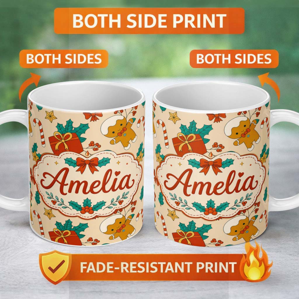 Personalized Custom Name Cute Gingerbread Candy Cane Holly Berry Seamless Pattern Lovely 11oz Ceramic Coffee Tea Mug White Large Handle