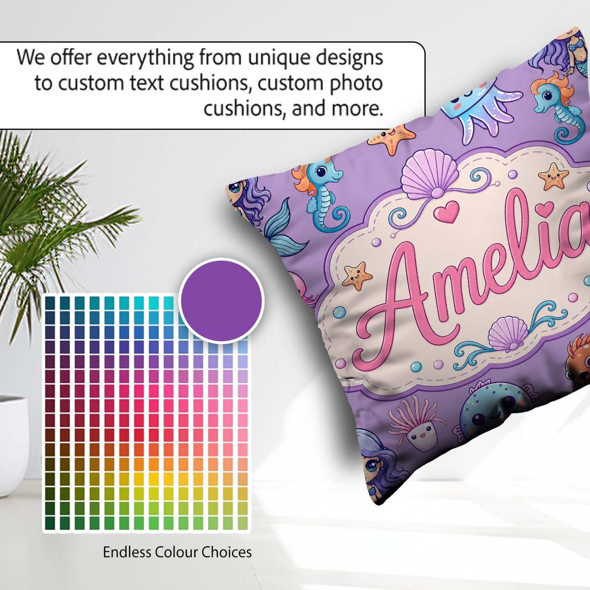 Custom Name Cute Kawaii Mermaid Seahorse Jellyfish and Starfish Square Filled Cushion Throw Pillow Sofa Bed Home Decor Zip Washable UK Made