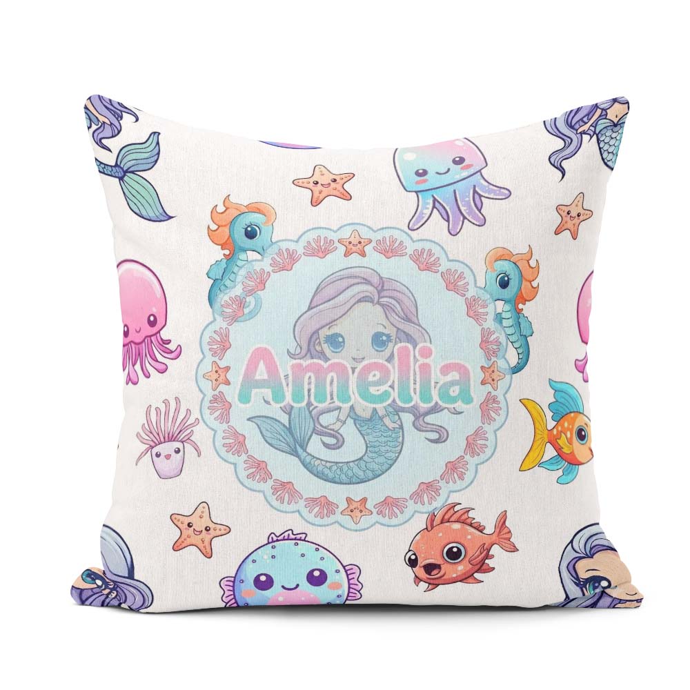 Custom Name Cute Kawaii Mermaid Seahorse and Starfish Light Grey Square Filled Cushion Throw Pillow Sofa Bed Home Decor Zip Washable UK Made