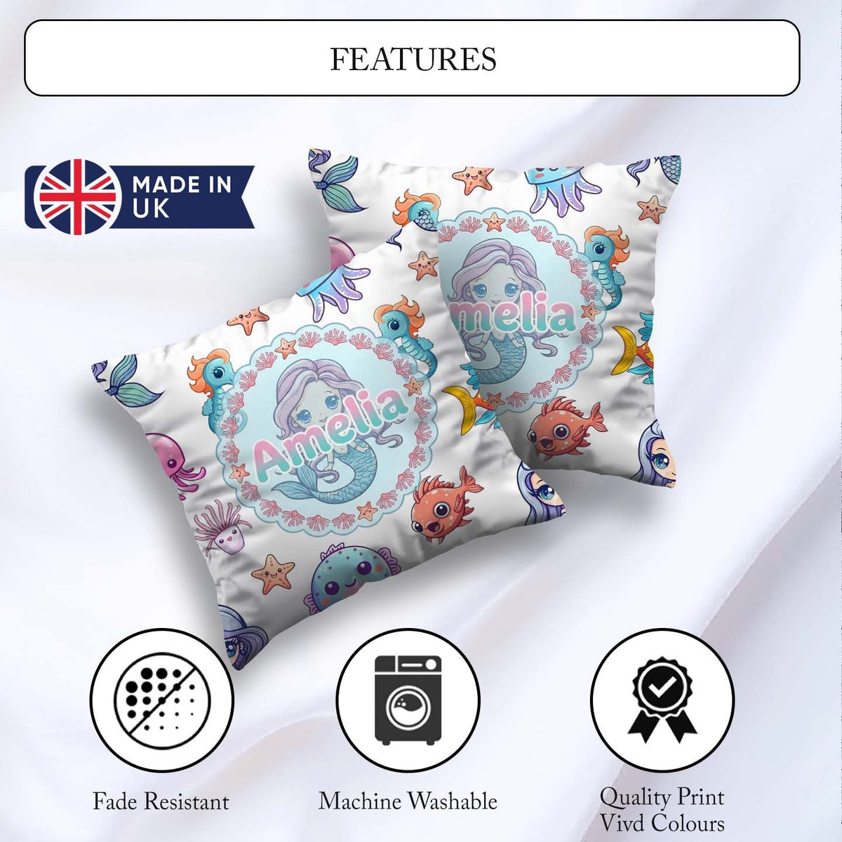 Custom Name Cute Kawaii Mermaid Seahorse and Starfish Light Grey Square Filled Cushion Throw Pillow Sofa Bed Home Decor Zip Washable UK Made
