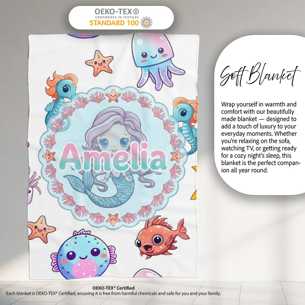 Cute Kawaii Mermaid Seahorse Jellyfish and Starfish Light Grey Personalised Custom Name Super Soft Fleece Blanket Bed Sofa Throw