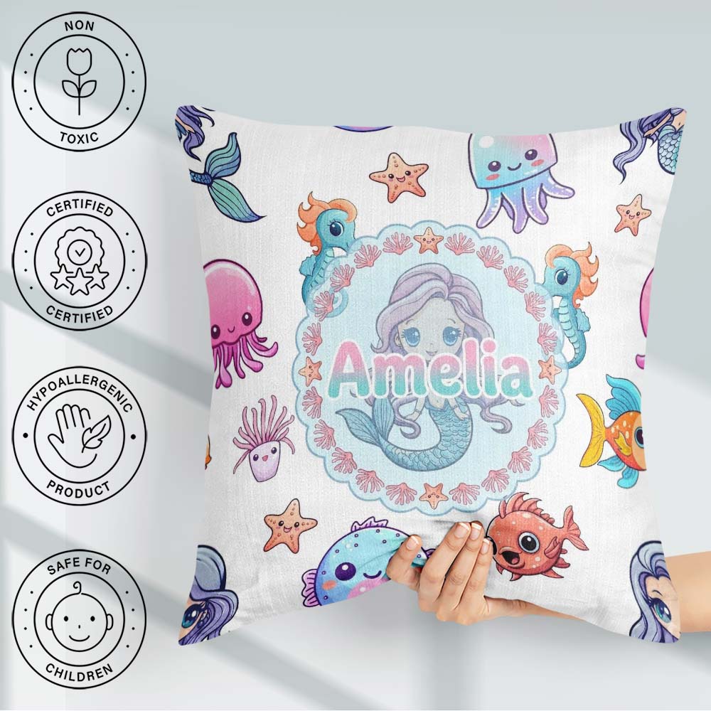 Custom Name Cute Kawaii Mermaid Seahorse and Starfish Light Grey Square Filled Cushion Throw Pillow Sofa Bed Home Decor Zip Washable UK Made