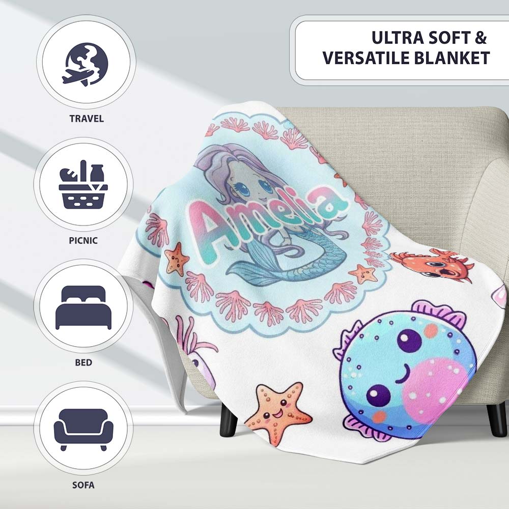 Cute Kawaii Mermaid Seahorse Jellyfish and Starfish Light Grey Personalised Custom Name Super Soft Fleece Blanket Bed Sofa Throw