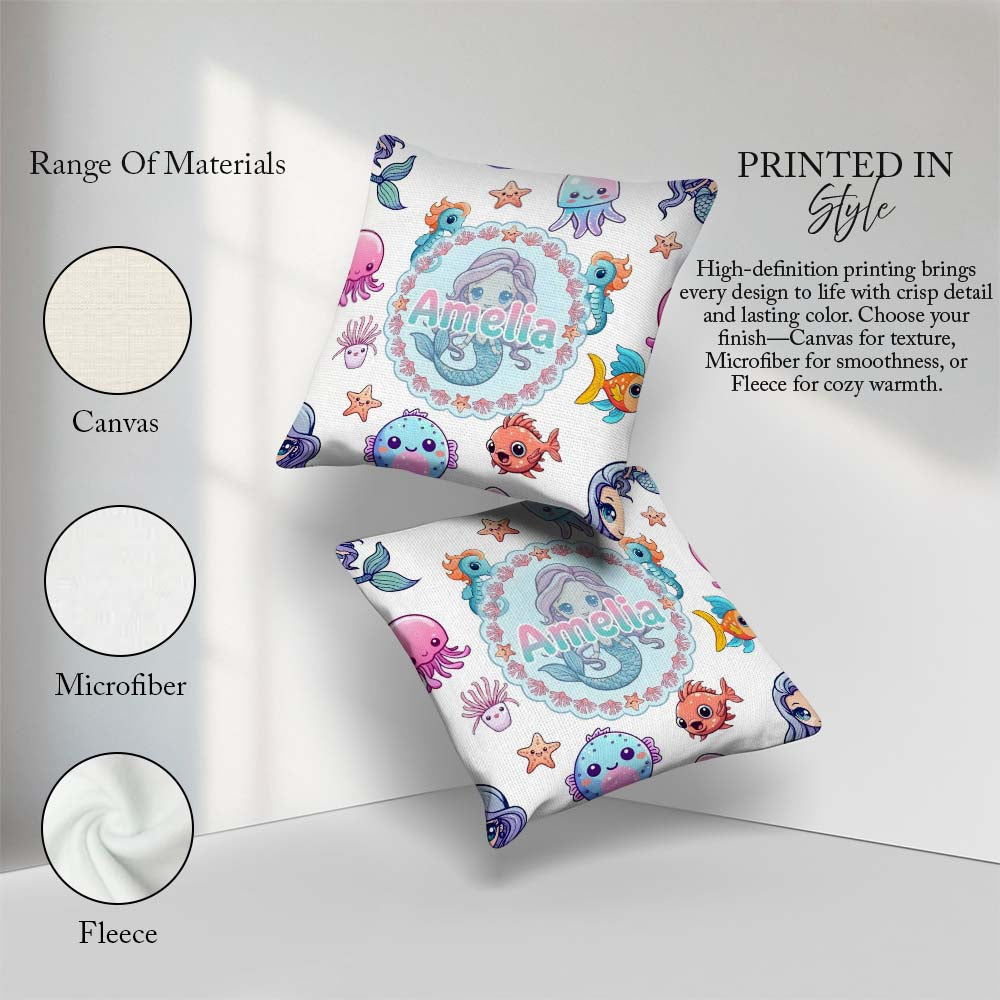 Custom Name Cute Kawaii Mermaid Seahorse and Starfish Light Grey Square Filled Cushion Throw Pillow Sofa Bed Home Decor Zip Washable UK Made