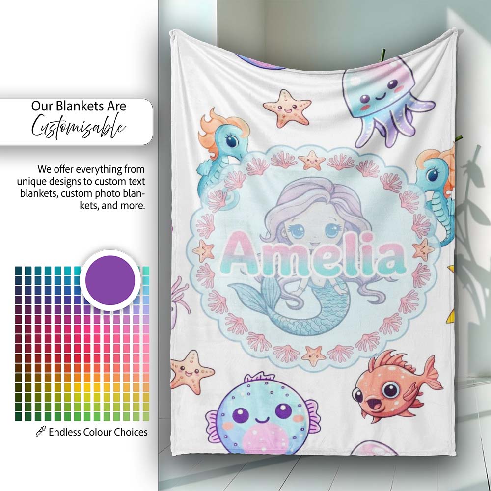 Cute Kawaii Mermaid Seahorse Jellyfish and Starfish Light Grey Personalised Custom Name Super Soft Fleece Blanket Bed Sofa Throw