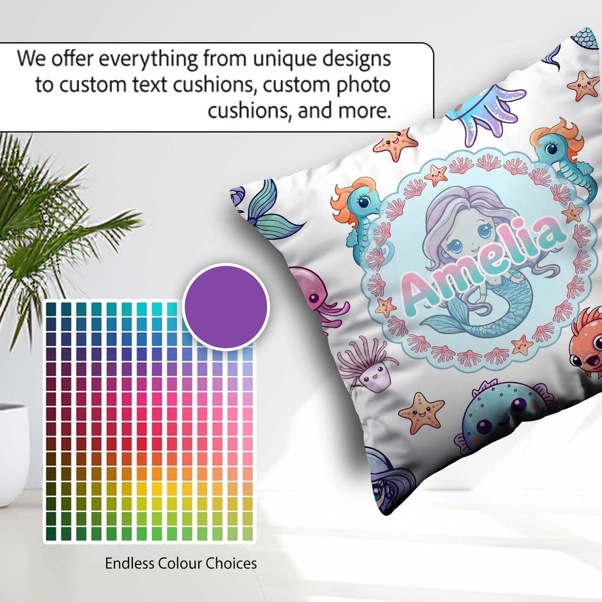 Custom Name Cute Kawaii Mermaid Seahorse and Starfish Light Grey Square Filled Cushion Throw Pillow Sofa Bed Home Decor Zip Washable UK Made