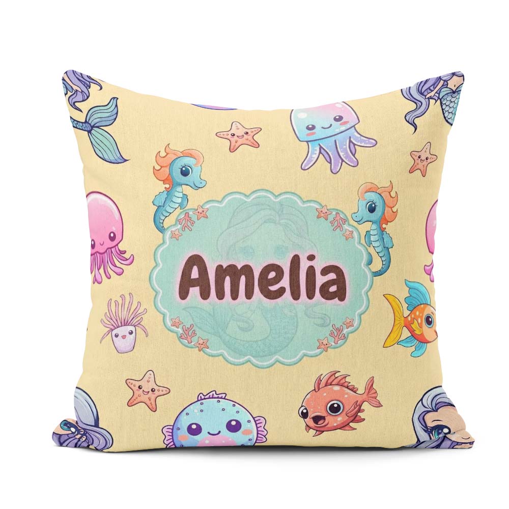 Custom Name Kawaii Mermaid Seahorse Jellyfish and Starfish Soft Square Filled Cushion Throw Pillow Sofa Bed Home Decor Zip Washable UK Made