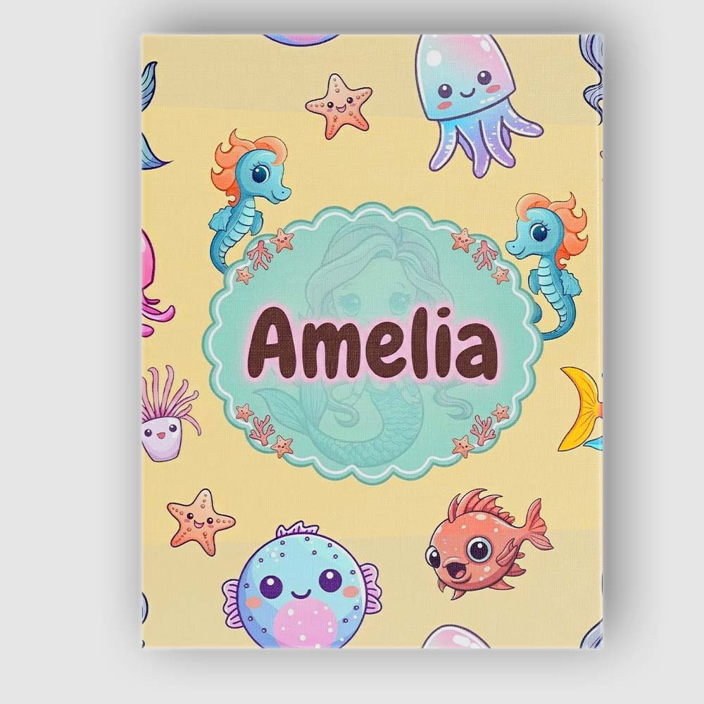Personalised Name Cute Kawaii Mermaid Custom Modern Room Accent Creative Decorator Style Canvas Wall Art Print Decor Picture Ready to Hang