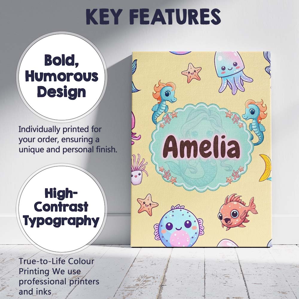 Personalised Name Cute Kawaii Mermaid Custom Modern Room Accent Creative Decorator Style Canvas Wall Art Print Decor Picture Ready to Hang