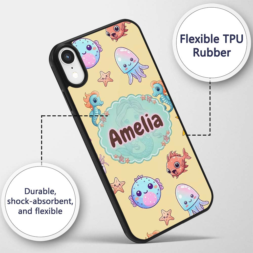 Cute Kawaii Mermaid Seahorse Decorative Design Custom Name Protective Phone Case Mobile Cover Durable Everyday Smartphone Shock Resistant