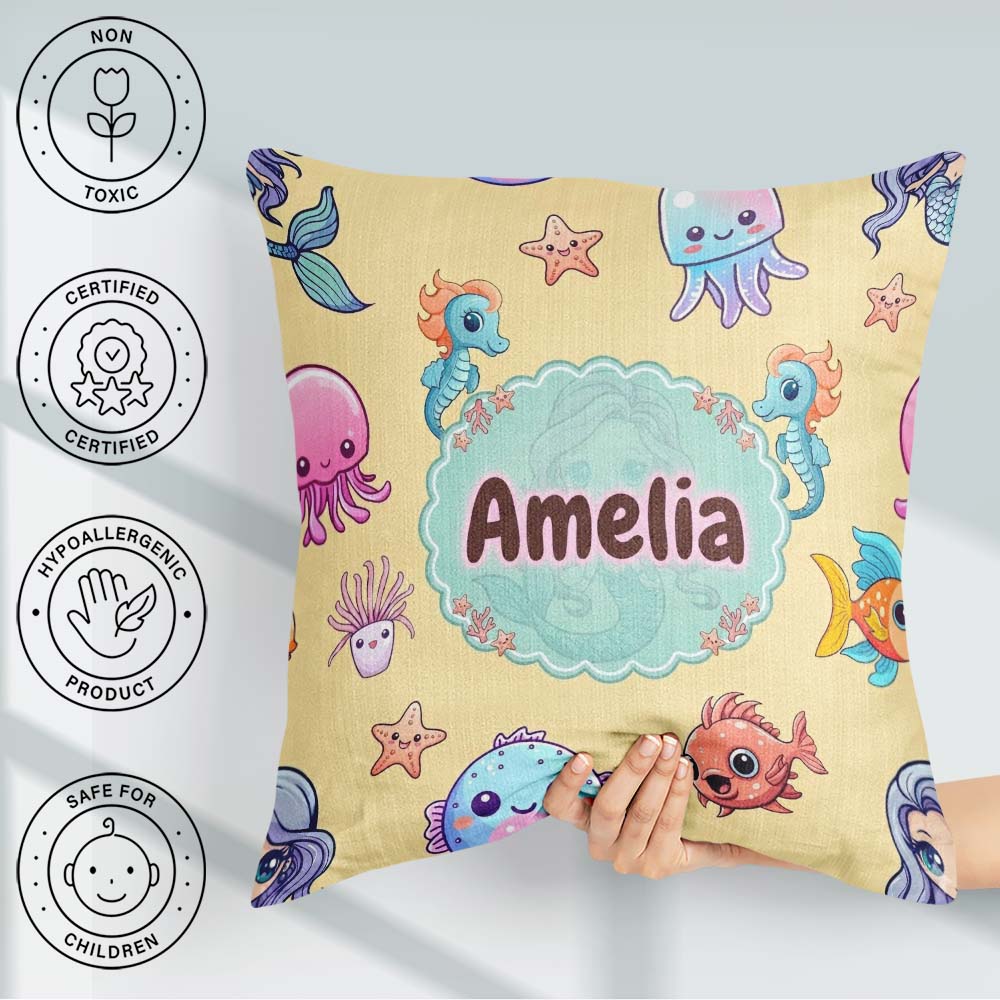 Custom Name Kawaii Mermaid Seahorse Jellyfish and Starfish Soft Square Filled Cushion Throw Pillow Sofa Bed Home Decor Zip Washable UK Made