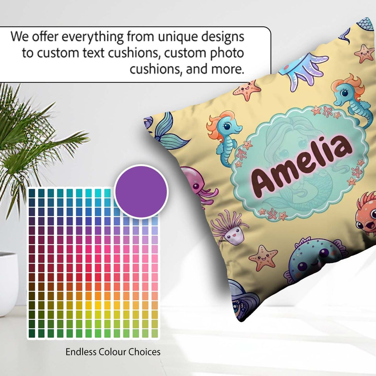Custom Name Kawaii Mermaid Seahorse Jellyfish and Starfish Soft Square Filled Cushion Throw Pillow Sofa Bed Home Decor Zip Washable UK Made