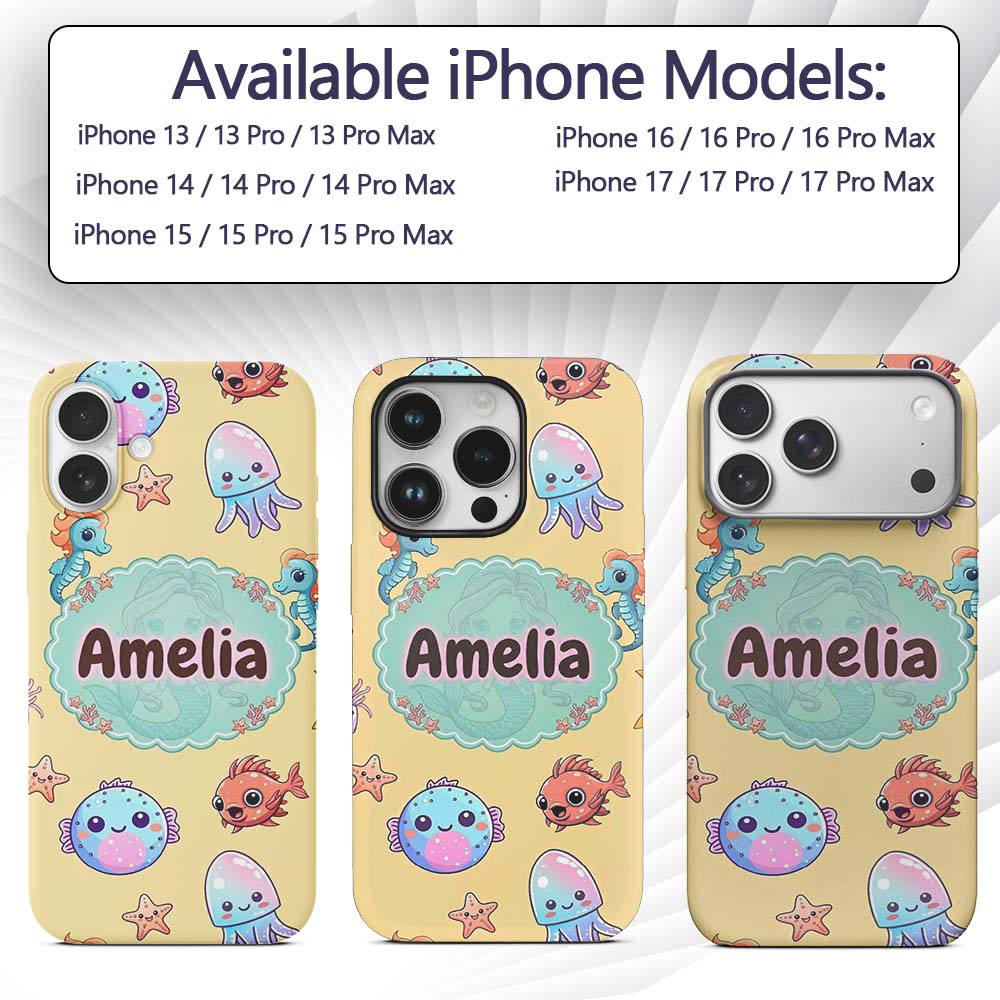 Cute Kawaii Mermaid Seahorse Decorative Design Custom Name Protective Phone Case Mobile Cover Durable Everyday Smartphone Shock Resistant