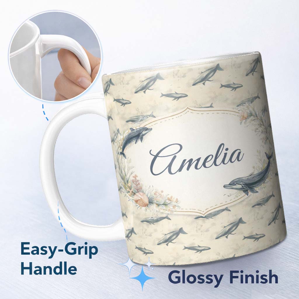 Personalized Custom Name Vintage Whale Seamless Pattern Soft Beige Marine Animal Design 11oz Ceramic Coffee Tea Mug White Large Handle