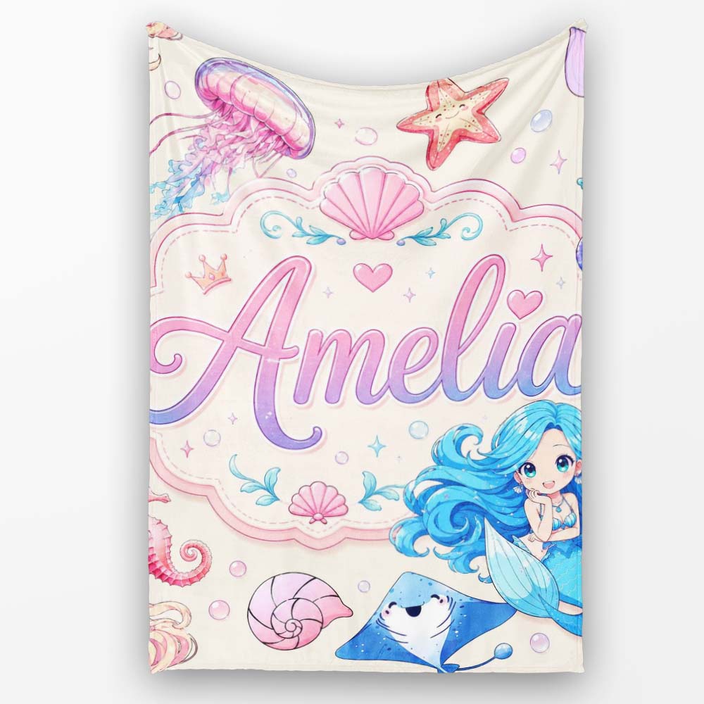 Cute Blue Hair Mermaid Jellyfish Seahorse and Ocean Creatures Lovely Personalised Custom Name Super Soft Fleece Blanket Bed Sofa Throw