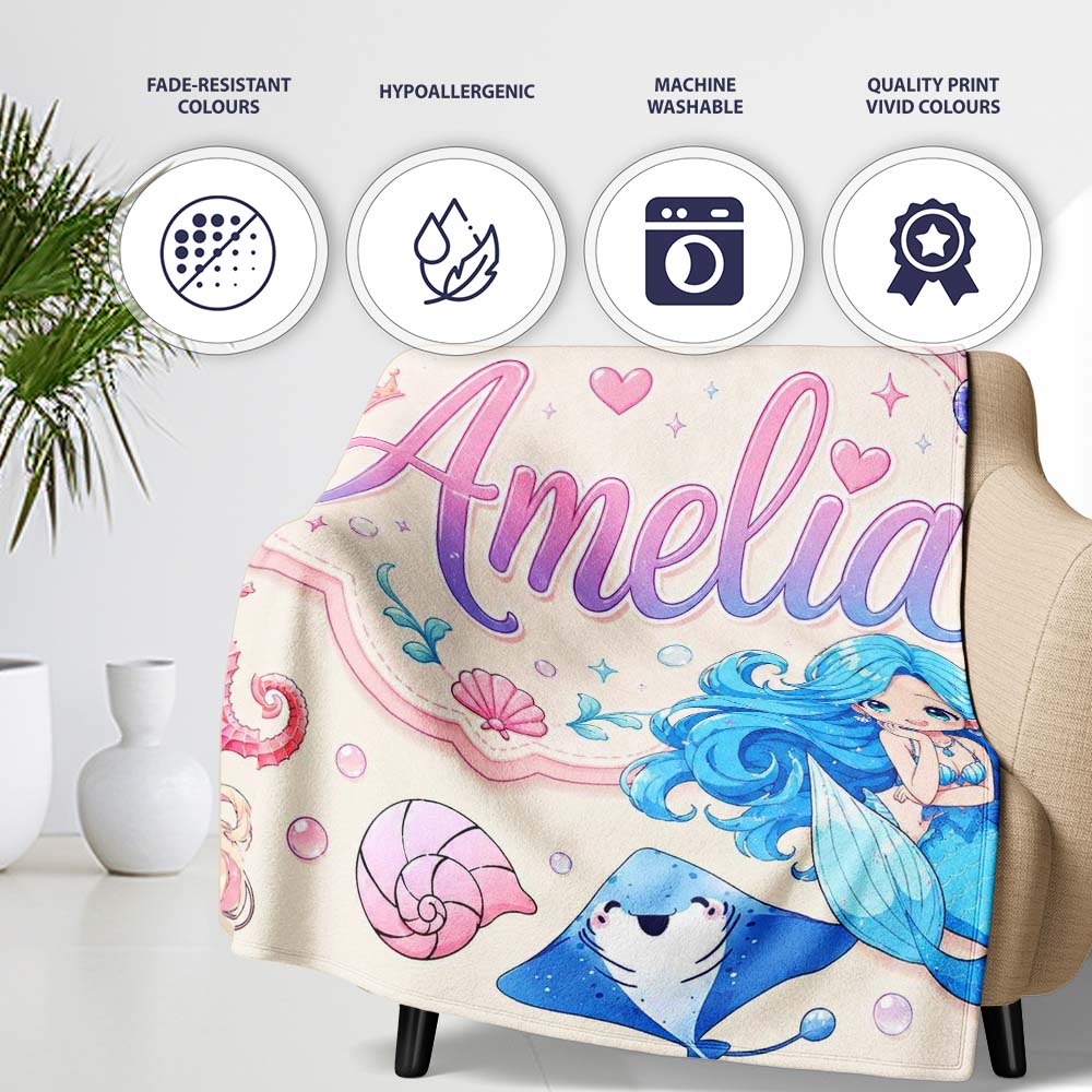 Cute Blue Hair Mermaid Jellyfish Seahorse and Ocean Creatures Lovely Personalised Custom Name Super Soft Fleece Blanket Bed Sofa Throw