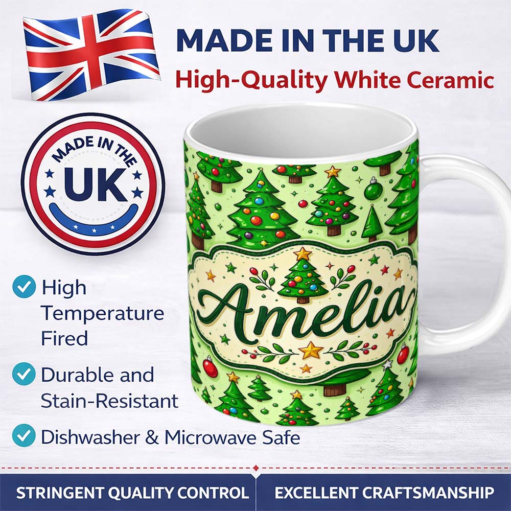 Personalized Custom Name Cartoon Christmas Trees Green Ornaments Cute Holiday Seamless Lovely 11oz Ceramic Coffee Tea Mug White Large Handle