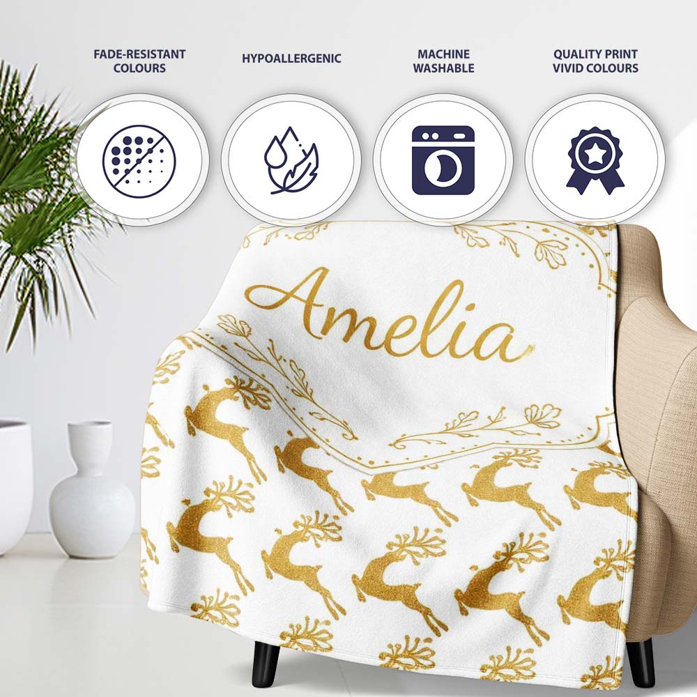 Gold Glitter Reindeer Christmas Seamless Pattern Cute Unique Gift Personalised Custom Name Super Soft Fleece Blanket Bed Sofa Throw