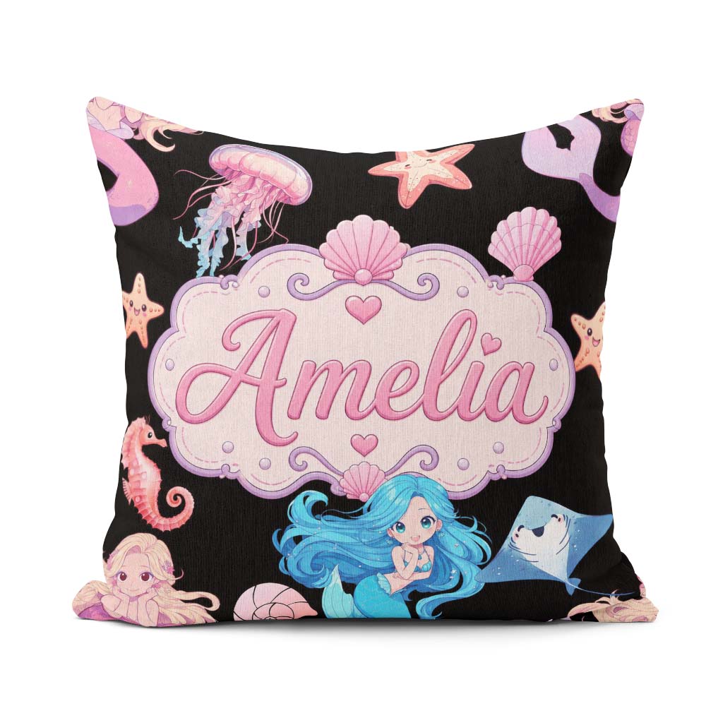 Custom Name Cute Blue Hair Mermaid Jellyfish on Black Background Square Filled Cushion Throw Pillow Sofa Bed Home Decor Zip Washable UK Made