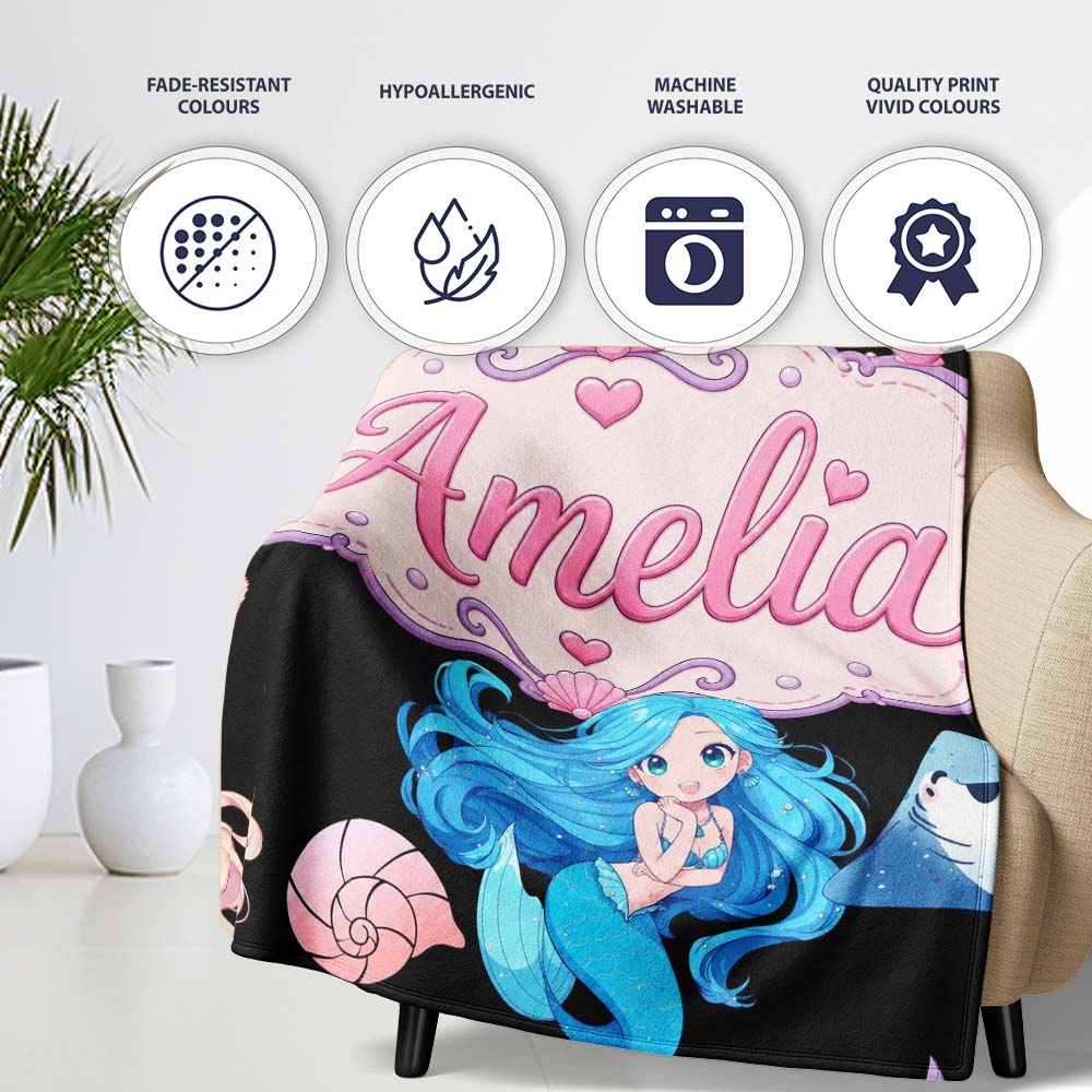 Cute Blue Hair Mermaid Jellyfish Seahorse on Black Background Lovely Personalised Custom Name Super Soft Fleece Blanket Bed Sofa Throw