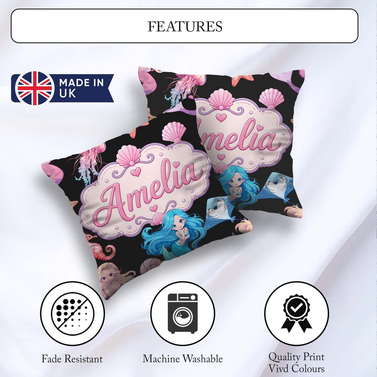 Custom Name Cute Blue Hair Mermaid Jellyfish on Black Background Square Filled Cushion Throw Pillow Sofa Bed Home Decor Zip Washable UK Made