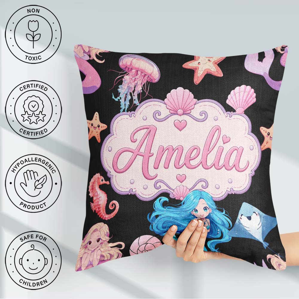 Custom Name Cute Blue Hair Mermaid Jellyfish on Black Background Square Filled Cushion Throw Pillow Sofa Bed Home Decor Zip Washable UK Made
