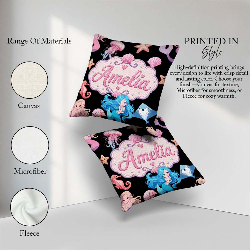 Custom Name Cute Blue Hair Mermaid Jellyfish on Black Background Square Filled Cushion Throw Pillow Sofa Bed Home Decor Zip Washable UK Made