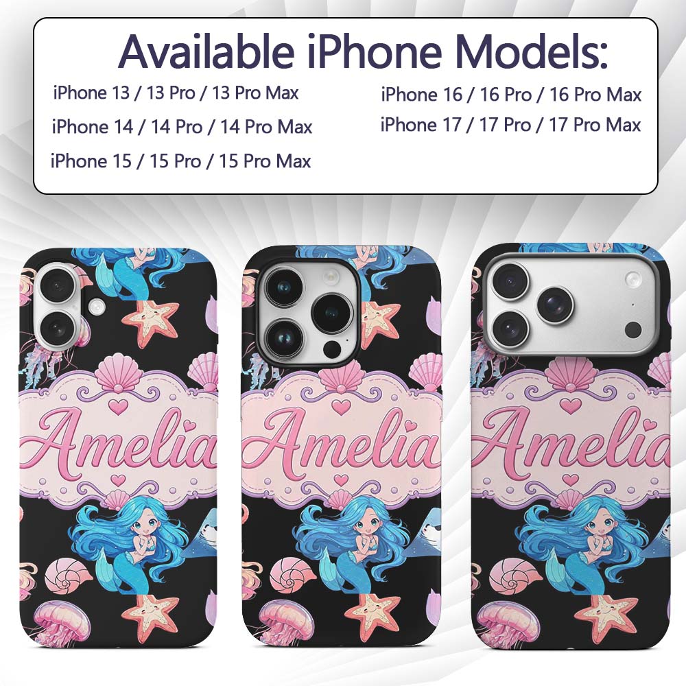 Cute Blue Hair Mermaid Jellyfish Seahorse on Custom Name Protective Phone Case Mobile Cover Durable Everyday Smartphone Shock Resistant