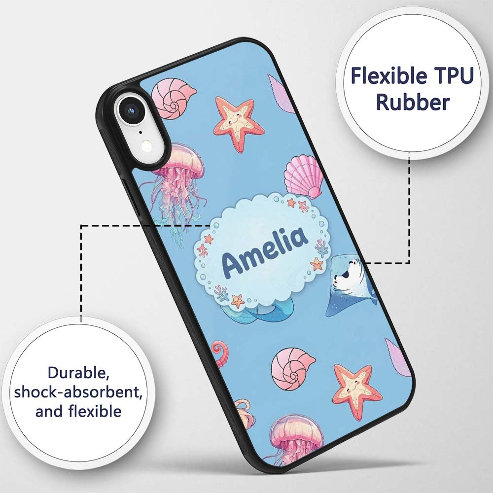 Cute Blue Hair Mermaid Jellyfish Seahorse Light Custom Name Protective Phone Case Mobile Cover Durable Everyday Smartphone Shock Resistant