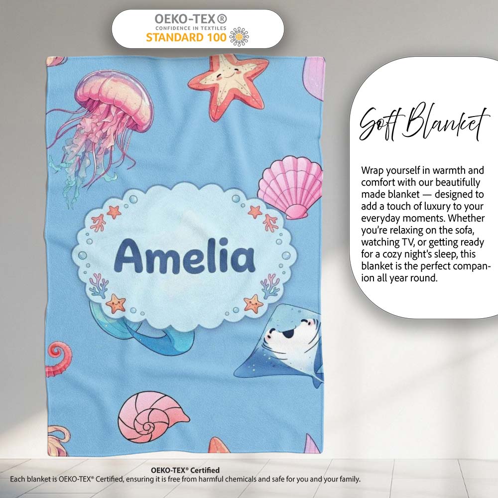 Cute Blue Hair Mermaid Jellyfish Seahorse Light Blue Background Personalised Custom Name Super Soft Fleece Blanket Bed Sofa Throw