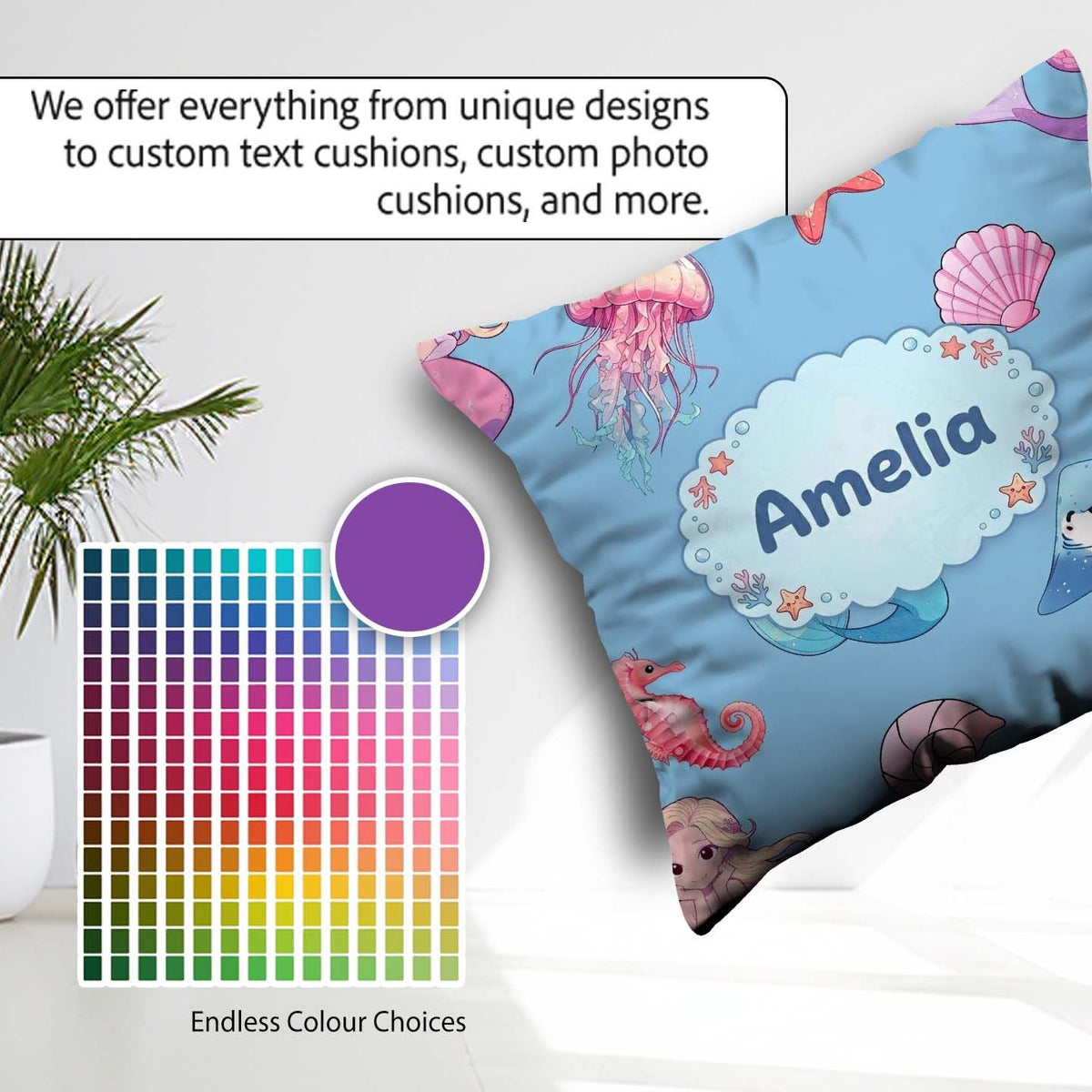 Custom Name Cute Blue Hair Mermaid Jellyfish Seahorse Light Blue Square Filled Cushion Throw Pillow Sofa Bed Home Decor Zip Washable UK Made