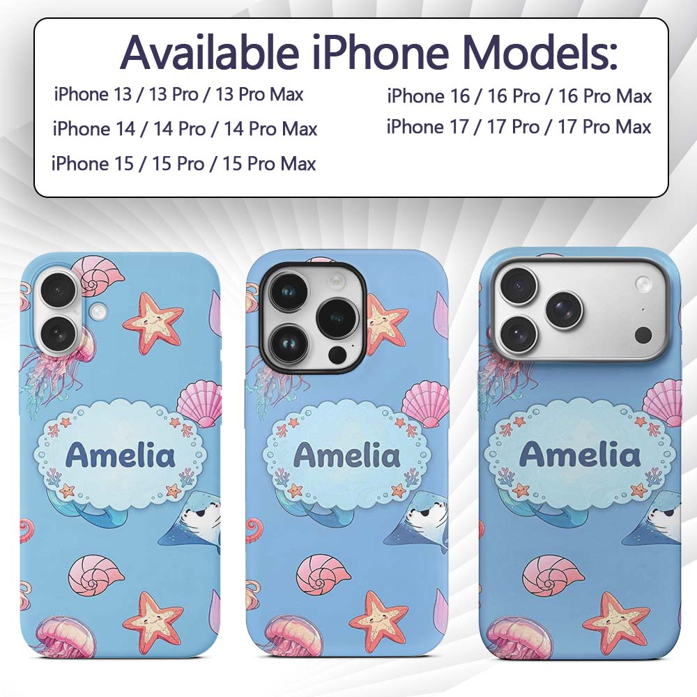Cute Blue Hair Mermaid Jellyfish Seahorse Light Custom Name Protective Phone Case Mobile Cover Durable Everyday Smartphone Shock Resistant
