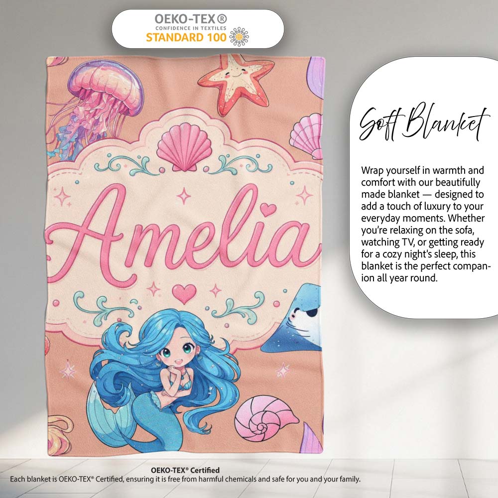 Cute Blue Hair Mermaid Jellyfish Seahorse Peach Background Seamless Personalised Custom Name Super Soft Fleece Blanket Bed Sofa Throw