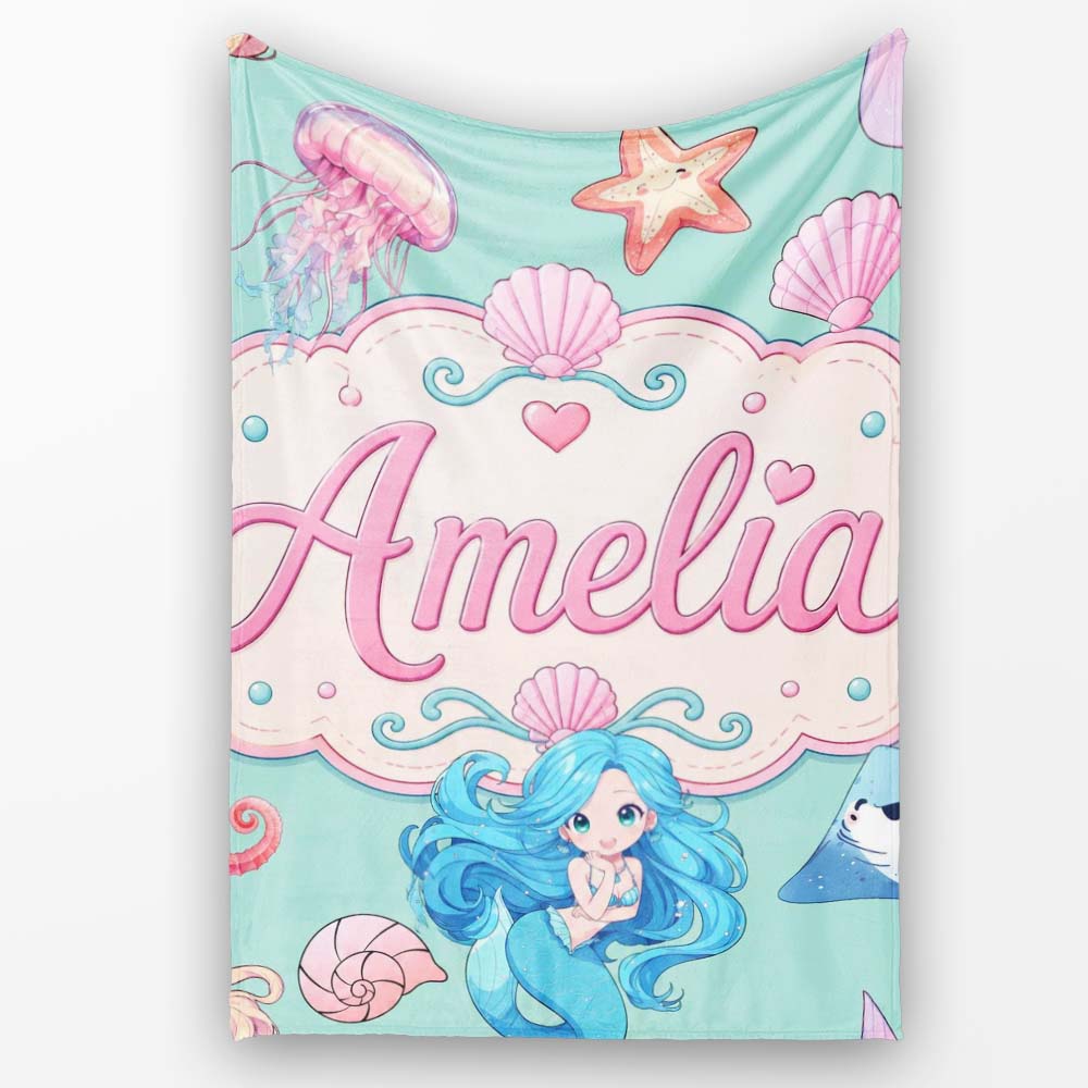 Cute Blue Hair Mermaid Jellyfish Seahorse Mint Background Seamless Personalised Custom Name Super Soft Fleece Blanket Bed Sofa Throw