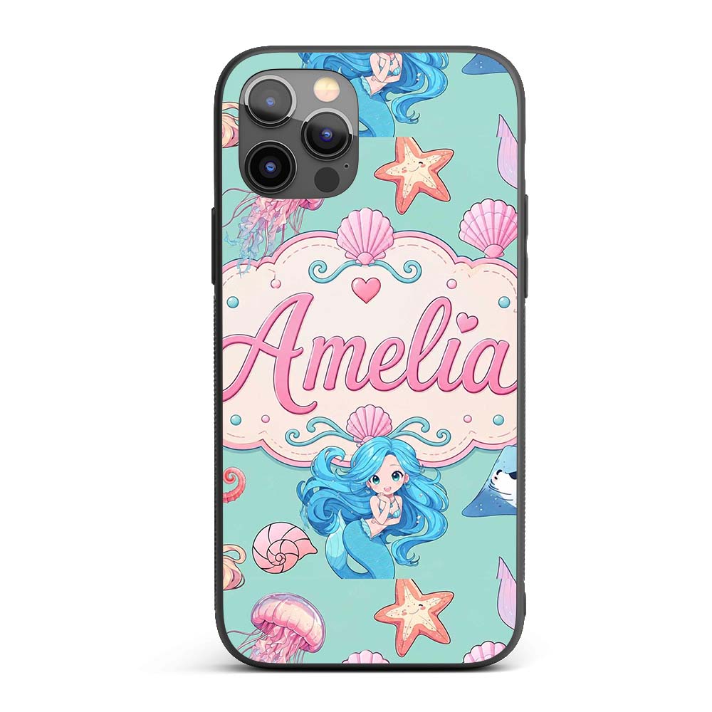 Cute Blue Hair Mermaid Jellyfish Seahorse Mint Custom Name Protective Phone Case Mobile Cover Durable Everyday Smartphone Shock Resistant