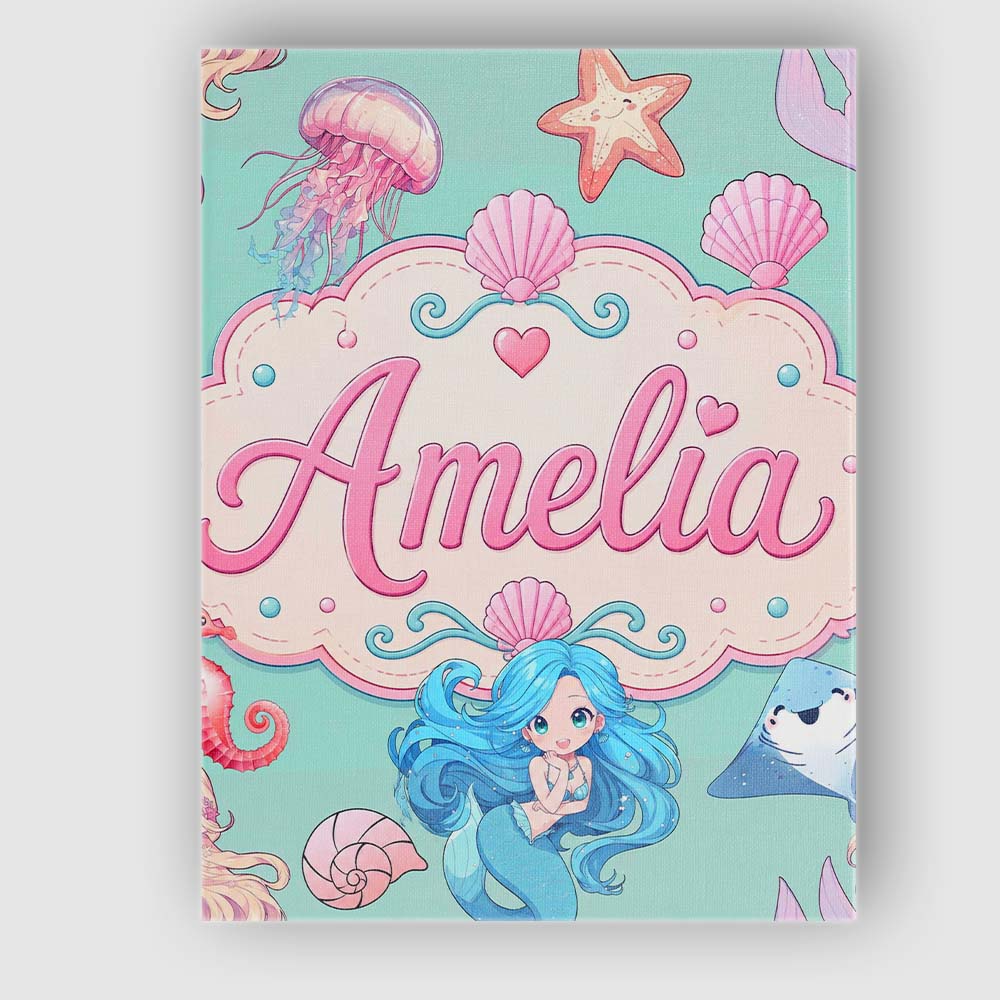 Personalised Name Cute Blue Hair Mermaid Custom Unique Gift Idea Elegant Feature Canvas Wall Art Print Decor Picture Ready to Hang