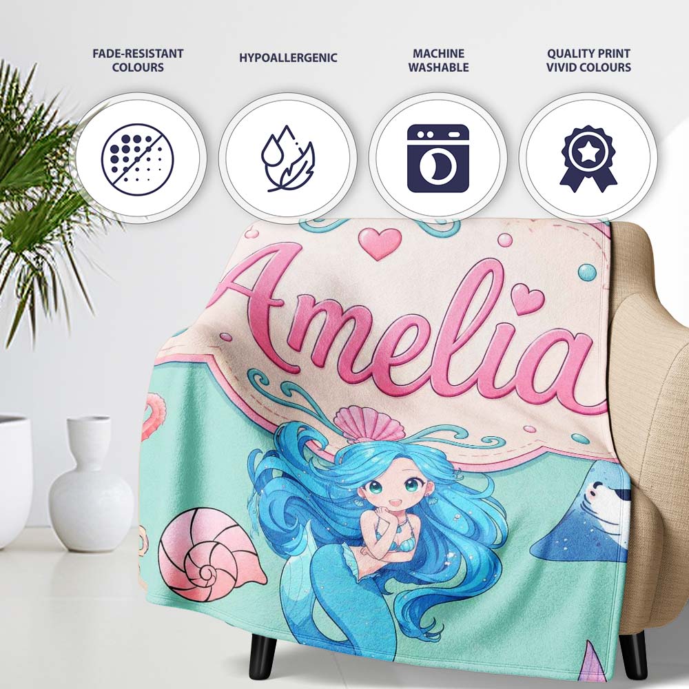 Cute Blue Hair Mermaid Jellyfish Seahorse Mint Background Seamless Personalised Custom Name Super Soft Fleece Blanket Bed Sofa Throw