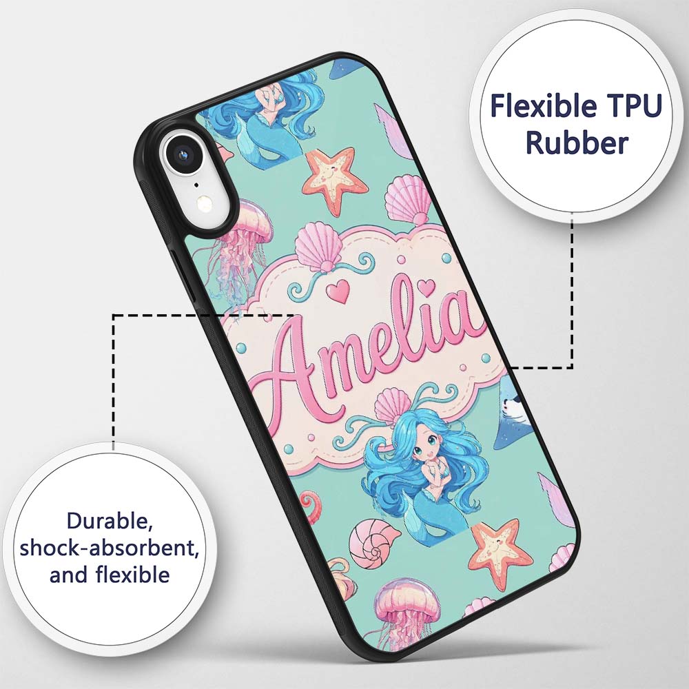Cute Blue Hair Mermaid Jellyfish Seahorse Mint Custom Name Protective Phone Case Mobile Cover Durable Everyday Smartphone Shock Resistant