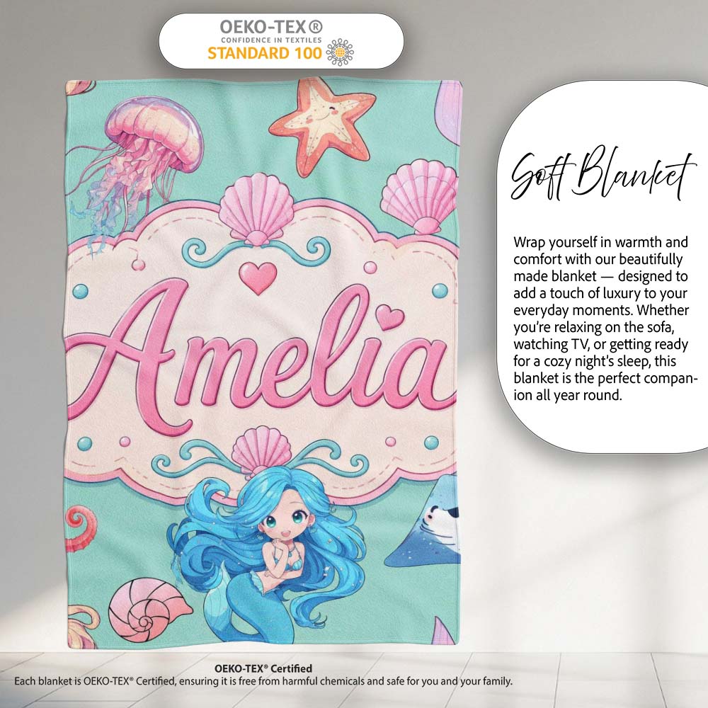 Cute Blue Hair Mermaid Jellyfish Seahorse Mint Background Seamless Personalised Custom Name Super Soft Fleece Blanket Bed Sofa Throw