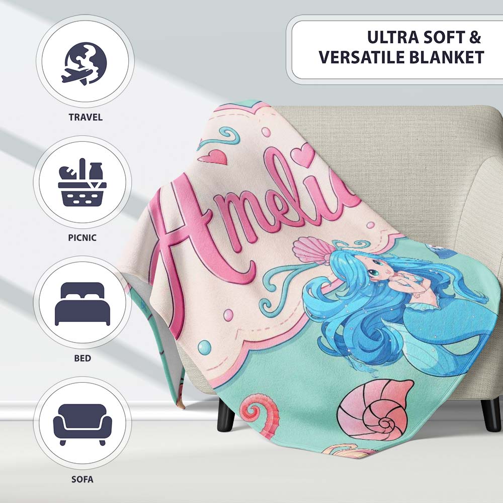 Cute Blue Hair Mermaid Jellyfish Seahorse Mint Background Seamless Personalised Custom Name Super Soft Fleece Blanket Bed Sofa Throw