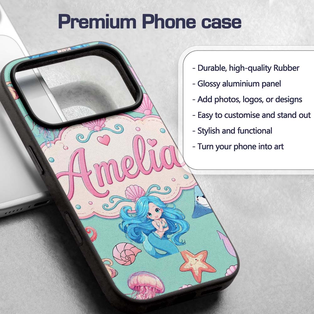 Cute Blue Hair Mermaid Jellyfish Seahorse Mint Custom Name Protective Phone Case Mobile Cover Durable Everyday Smartphone Shock Resistant